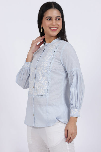 W for Woman Blue Embroidered Pure Cotton Straight Top