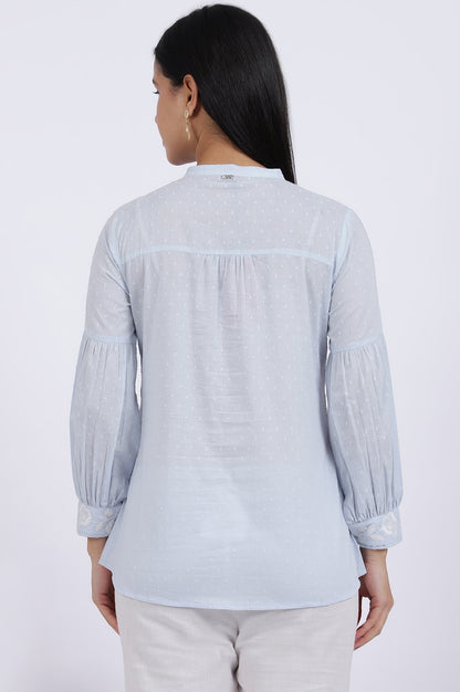W for Woman Blue Embroidered Pure Cotton Straight Top
