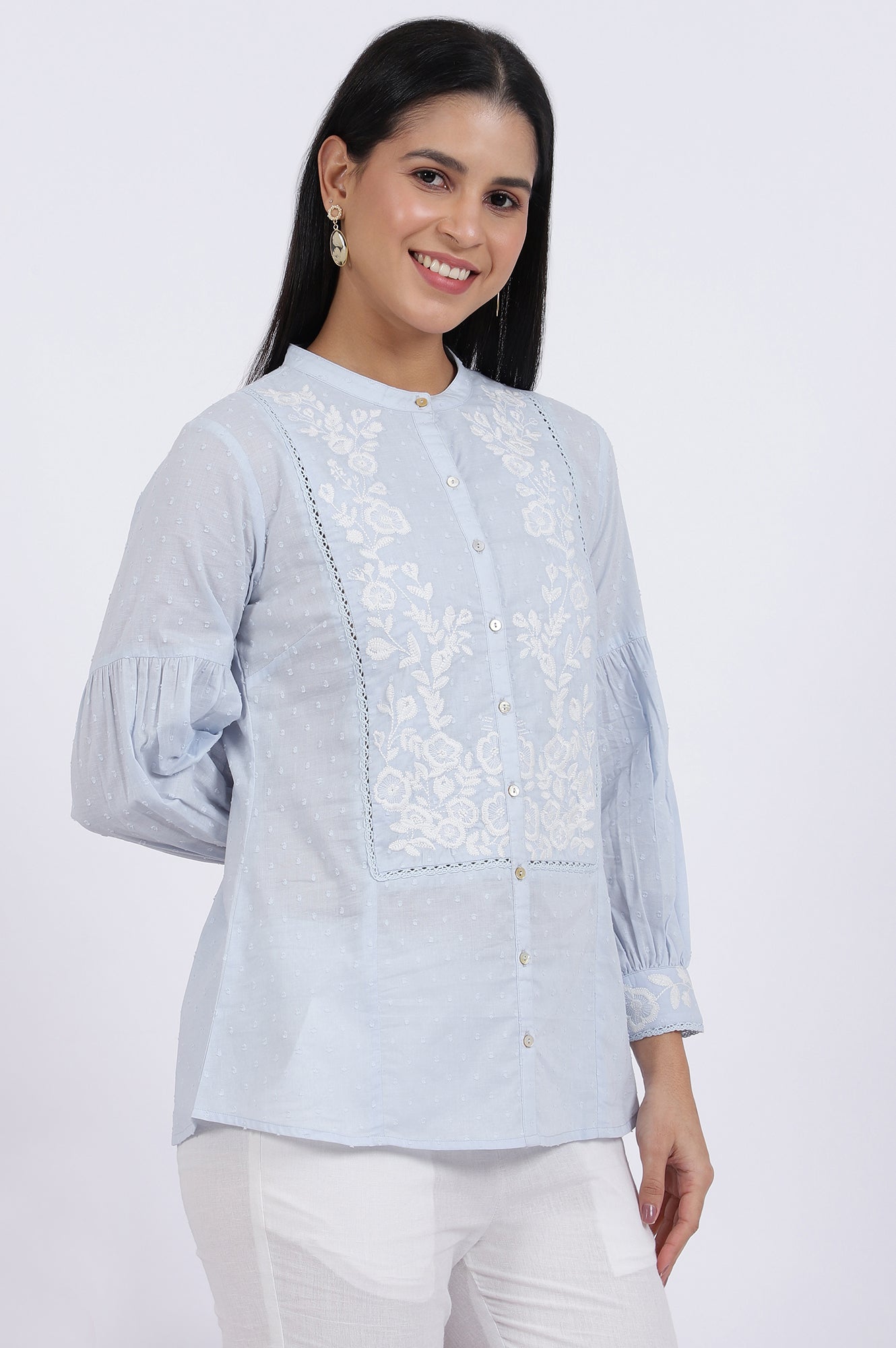 W for Woman Blue Embroidered Pure Cotton Straight Top