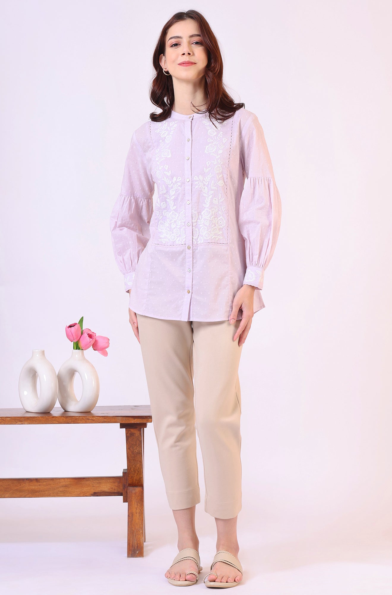 W for Woman Lilac Yoke Embroidered Button Down Top With Lace Detail