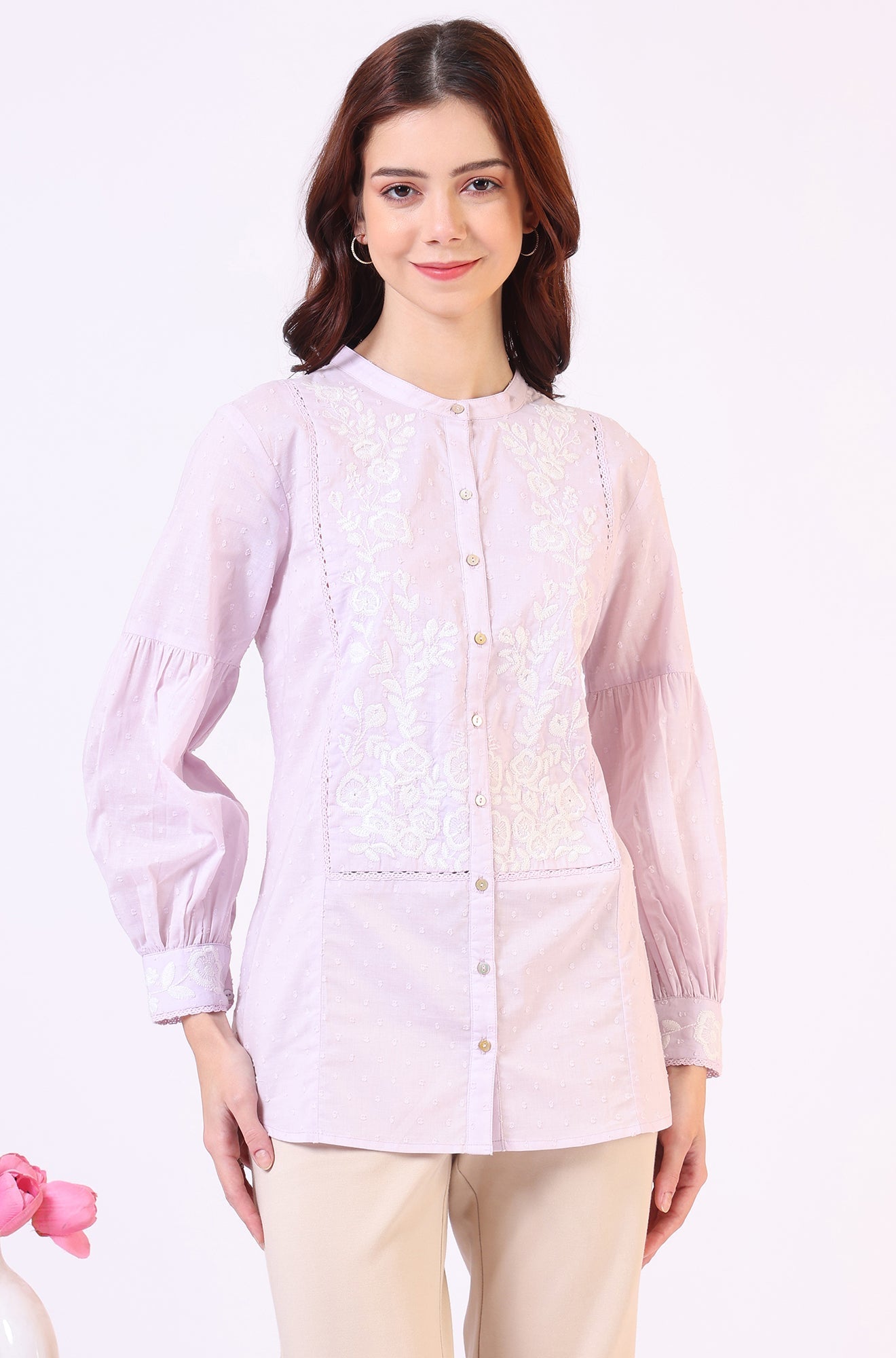 W for Woman Lilac Yoke Embroidered Button Down Top With Lace Detail