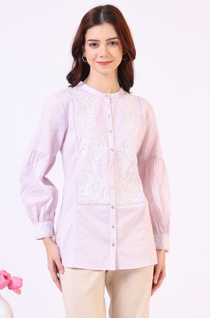 W for Woman Lilac Yoke Embroidered Button Down Top With Lace Detail