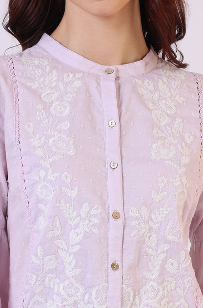 W for Woman Lilac Yoke Embroidered Button Down Top With Lace Detail