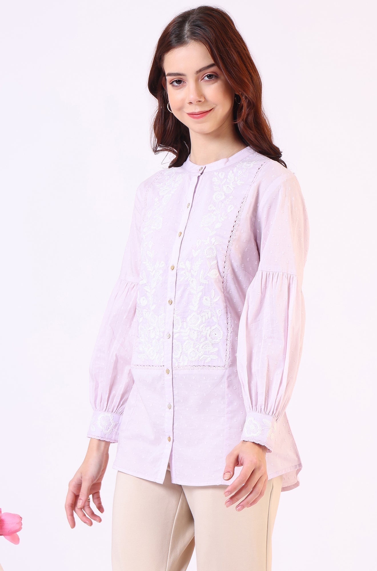 W for Woman Lilac Yoke Embroidered Button Down Top With Lace Detail