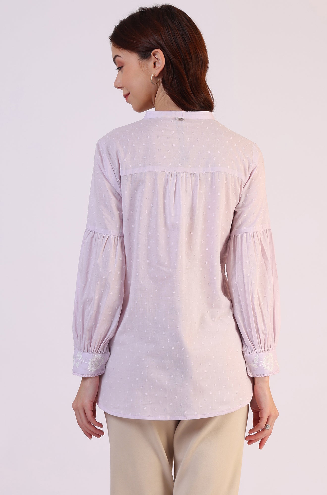 W for Woman Lilac Yoke Embroidered Button Down Top With Lace Detail
