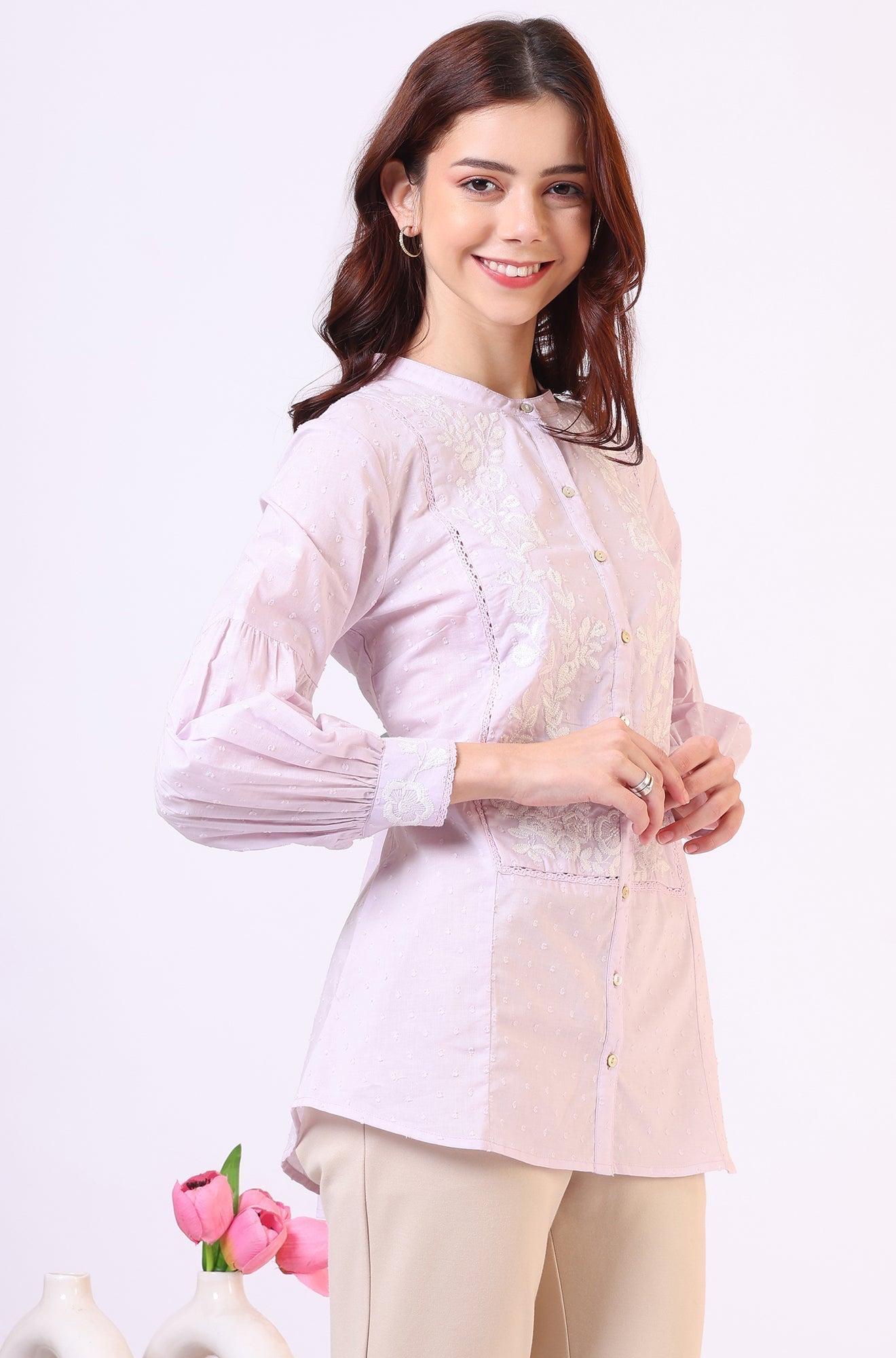 W for Woman Lilac Yoke Embroidered Button Down Top With Lace Detail