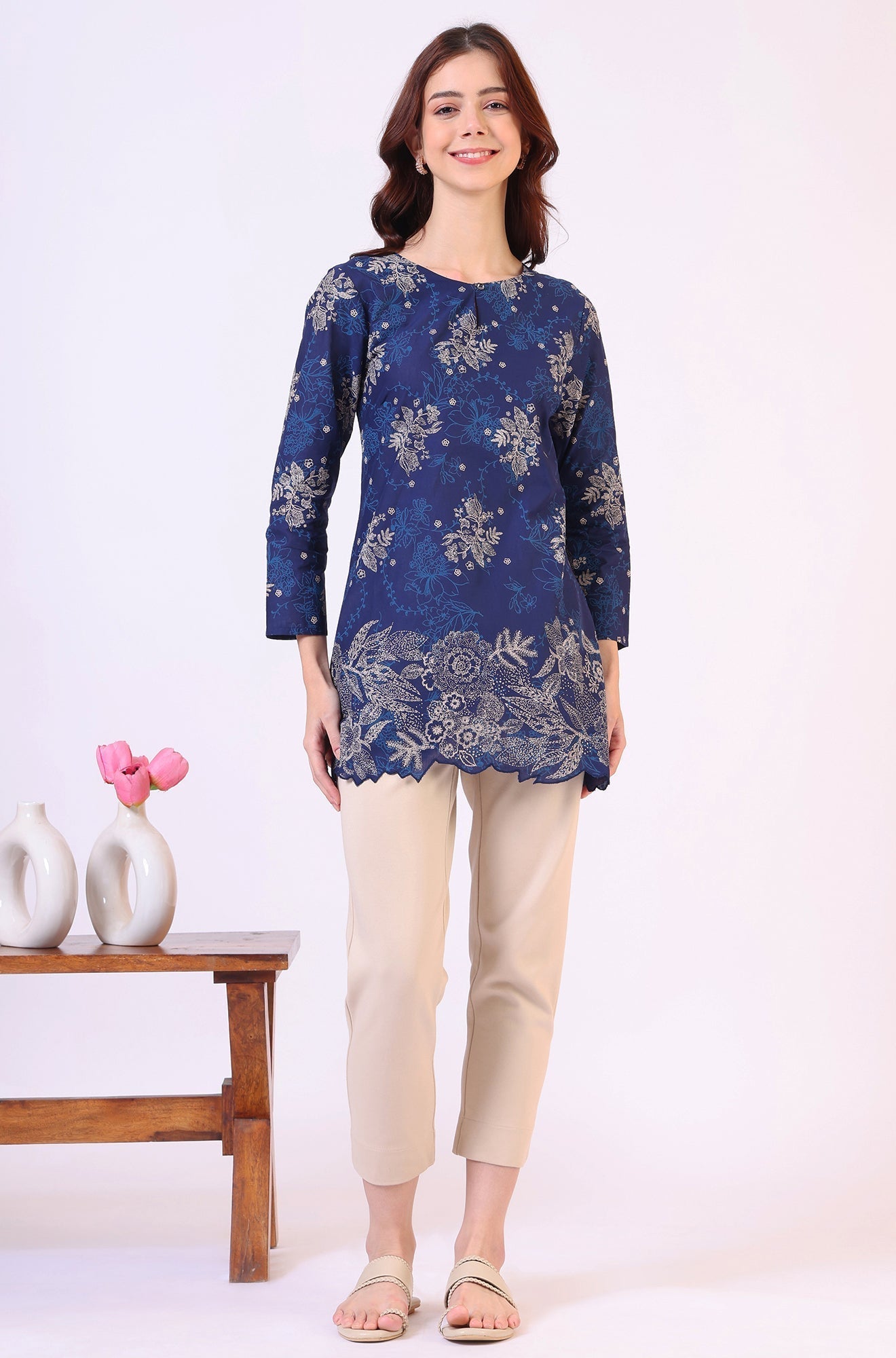 W for Woman Navy Blue Floral Printed Pure Cotton Ethnic Top
