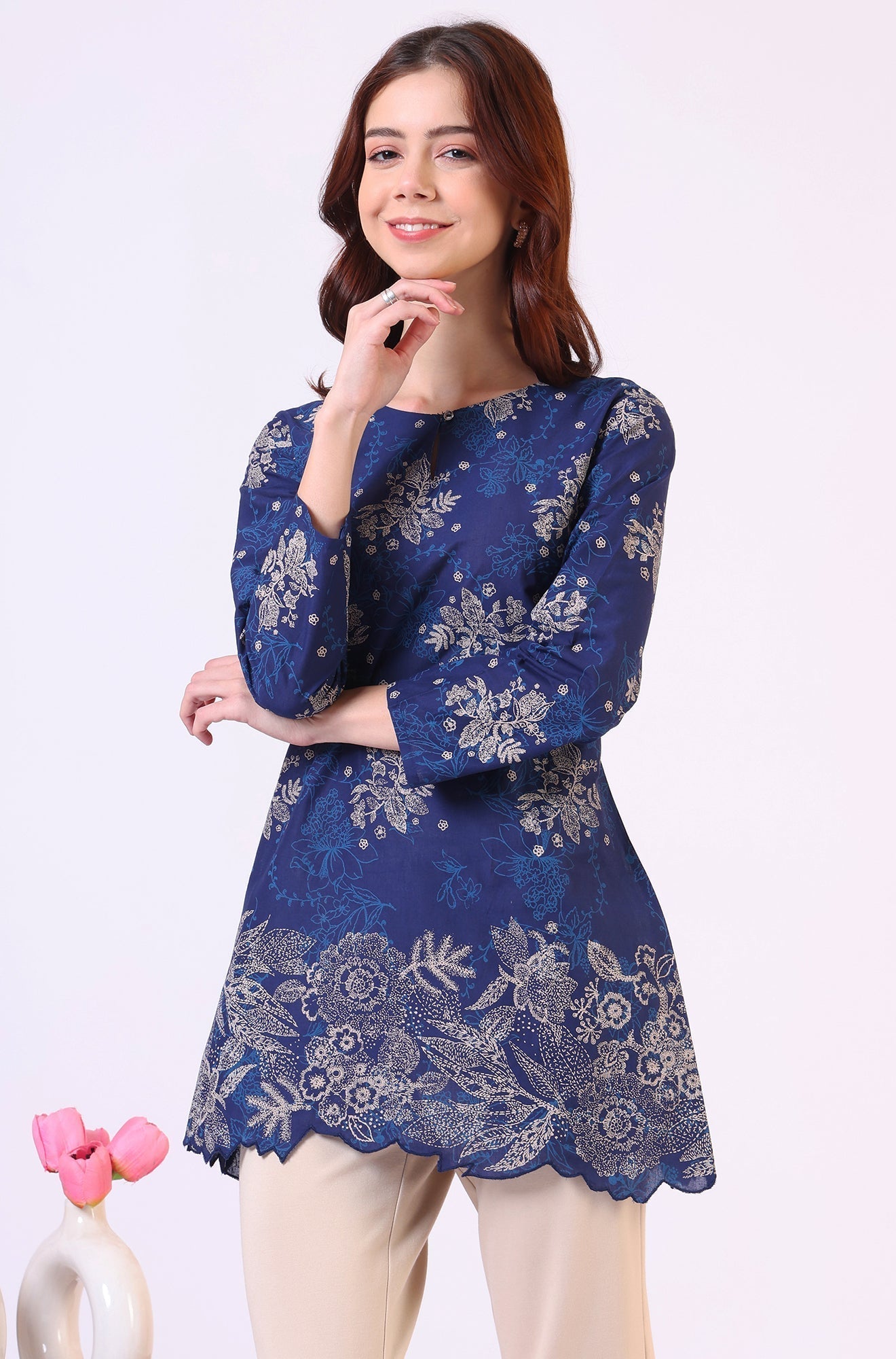 W for Woman Navy Blue Floral Printed Pure Cotton Ethnic Top