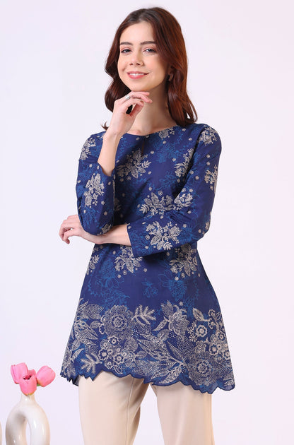W for Woman Navy Blue Floral Printed Pure Cotton Ethnic Top