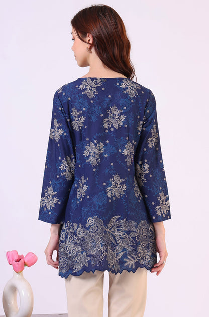 W for Woman Navy Blue Floral Printed Pure Cotton Ethnic Top