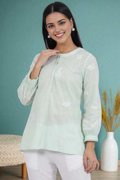 W for Woman Green Thread Embroidered Straight Pure Cotton Ethnic Top