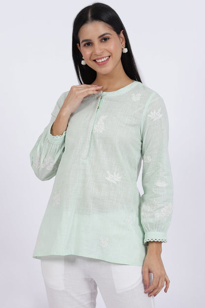 W for Woman Green Thread Embroidered Straight Pure Cotton Ethnic Top