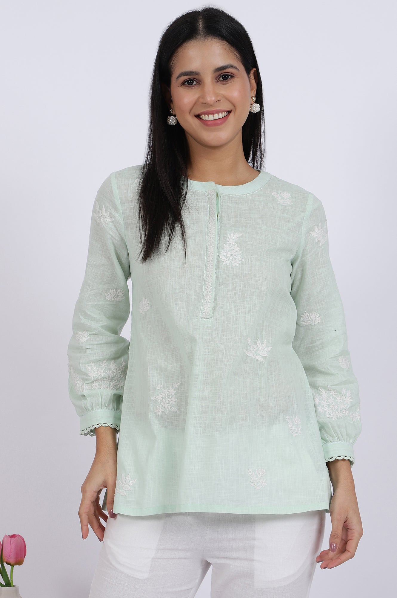 W for Woman Green Thread Embroidered Straight Pure Cotton Ethnic Top