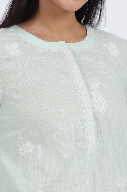 W for Woman Green Thread Embroidered Straight Pure Cotton Ethnic Top