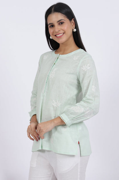 W for Woman Green Thread Embroidered Straight Pure Cotton Ethnic Top