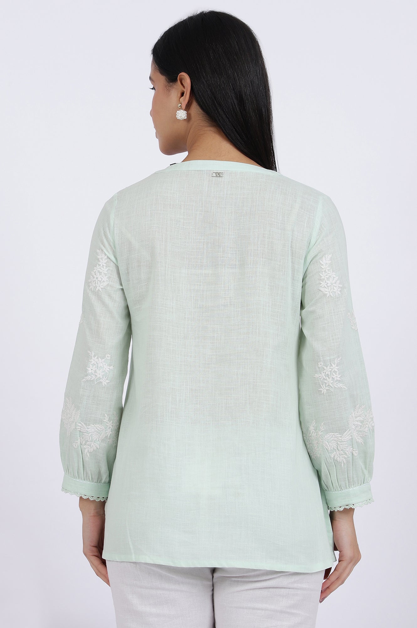W for Woman Green Thread Embroidered Straight Pure Cotton Ethnic Top