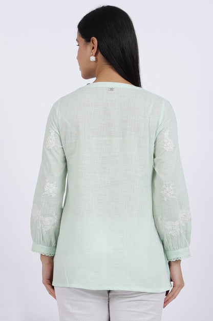 W for Woman Green Thread Embroidered Straight Pure Cotton Ethnic Top