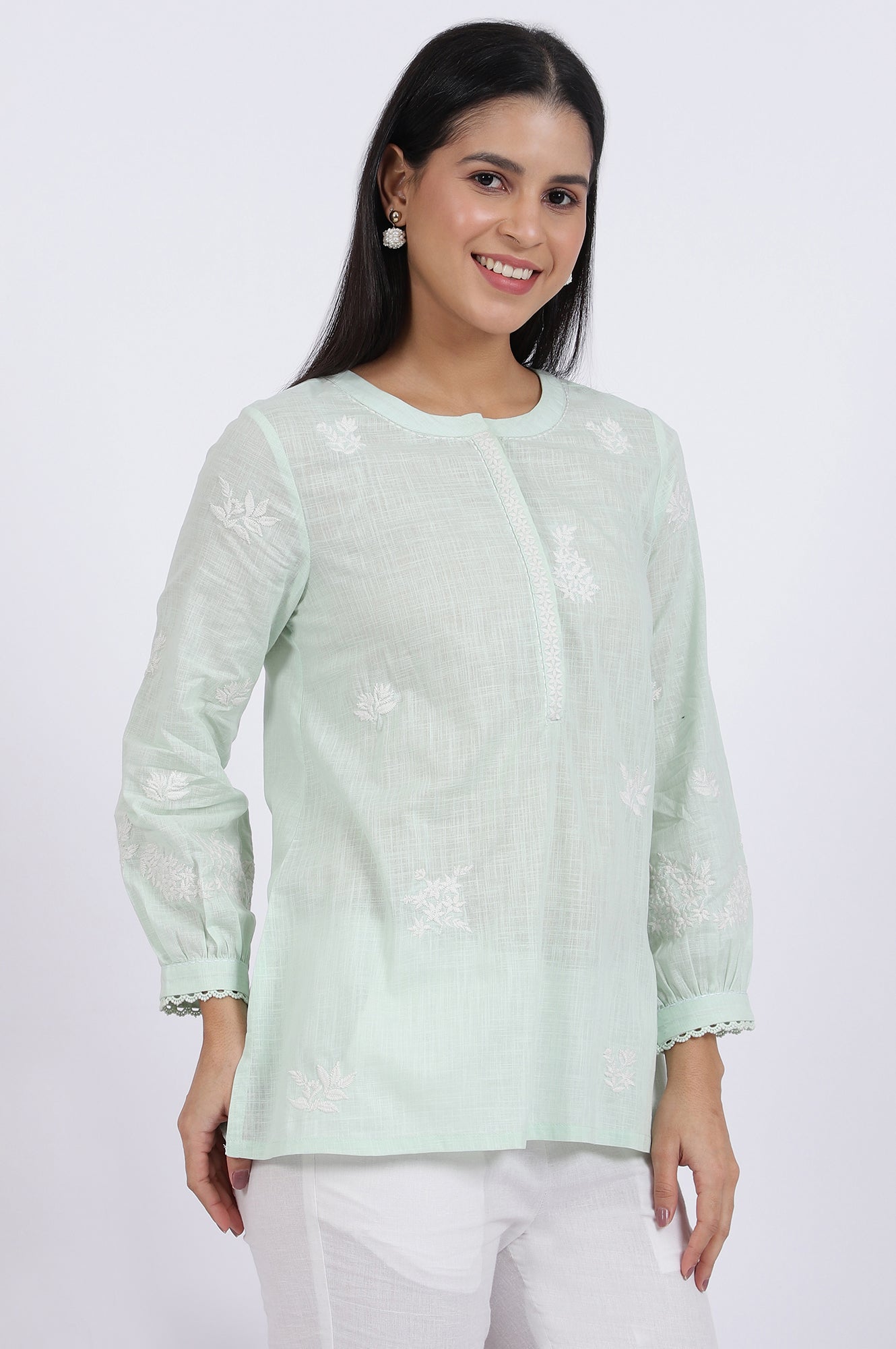 W for Woman Green Thread Embroidered Straight Pure Cotton Ethnic Top