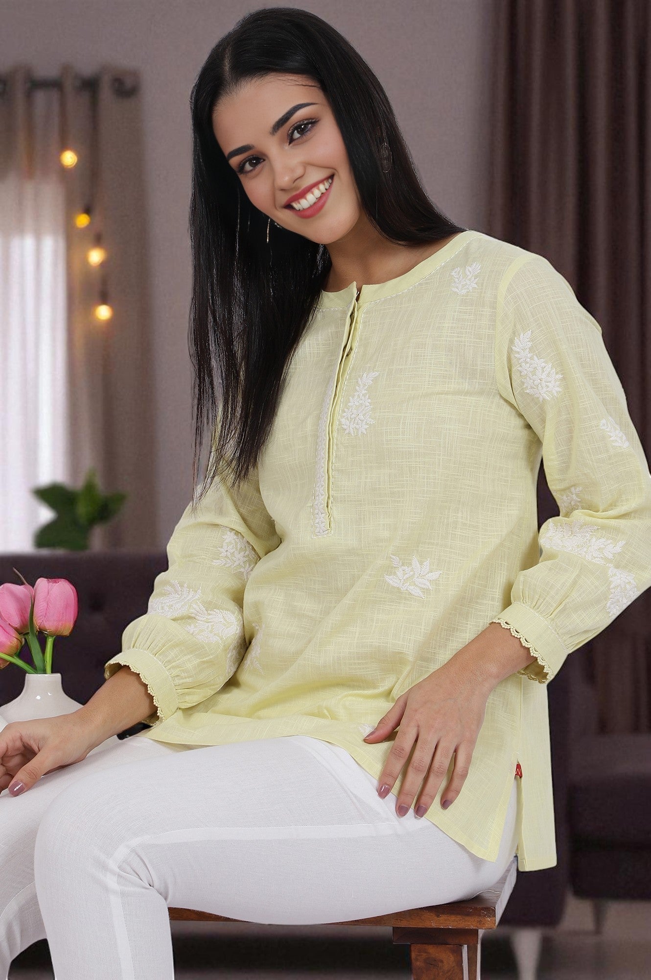 W for Woman White Thread Embroidered Straight Pure Cotton Ethnic Top