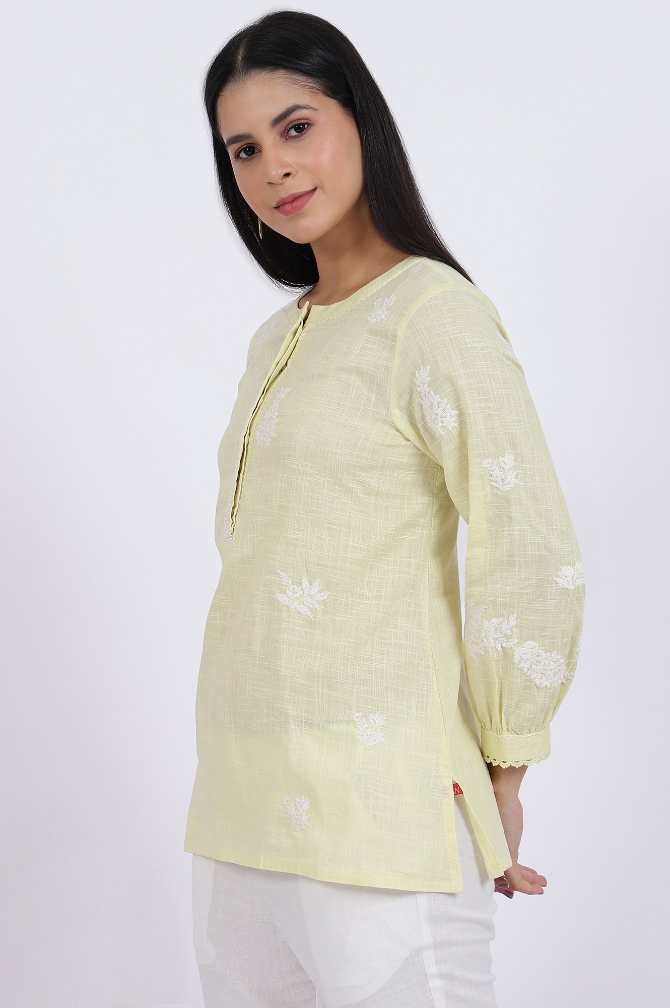 W for Woman White Thread Embroidered Straight Pure Cotton Ethnic Top