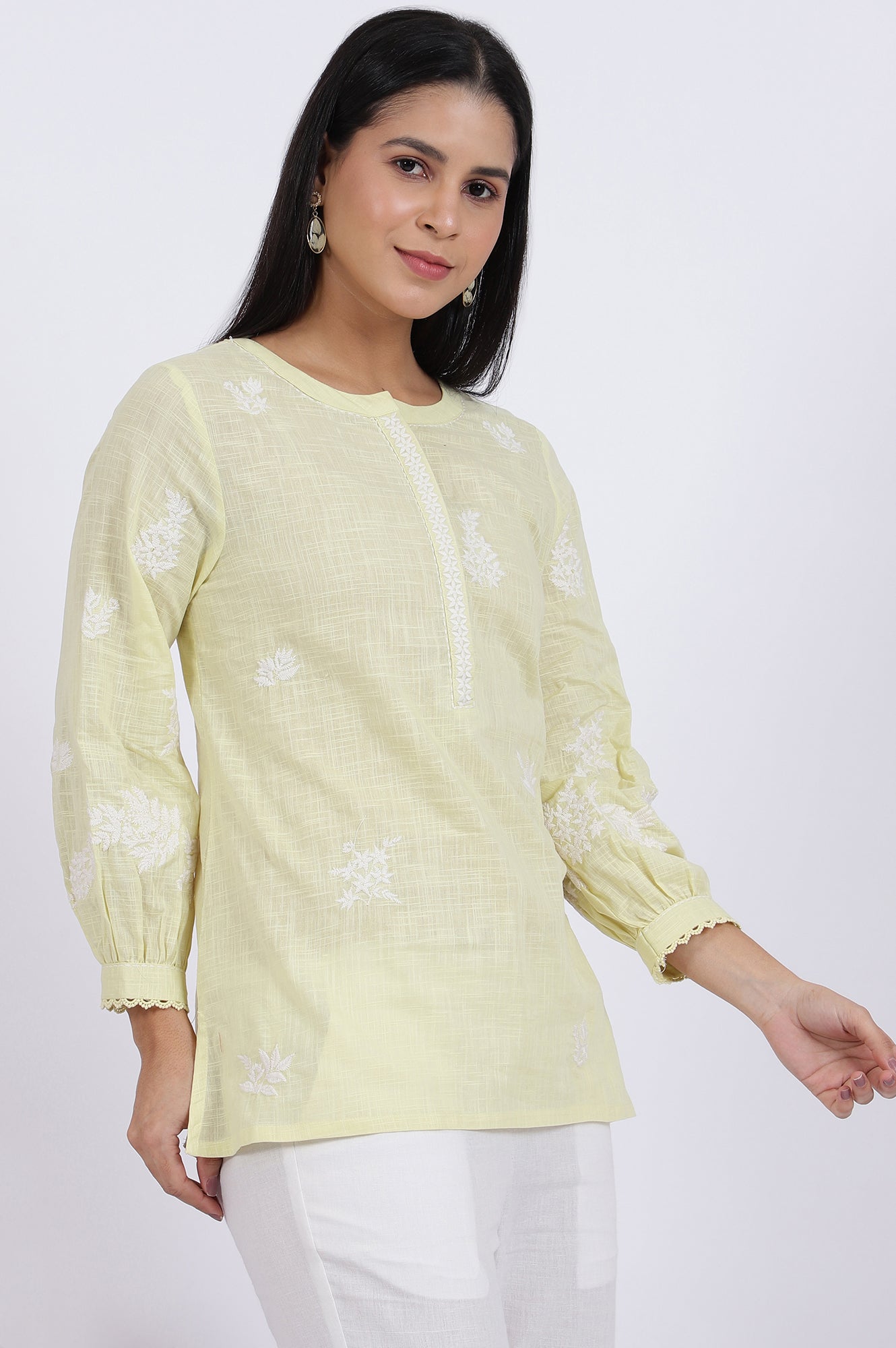 W for Woman White Thread Embroidered Straight Pure Cotton Ethnic Top