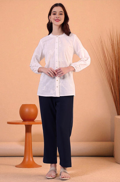 W for Woman White Embroidered Pure Cotton Button Down Shirt