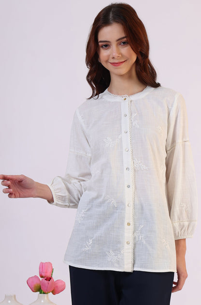W for Woman White Embroidered Pure Cotton Button Down Shirt