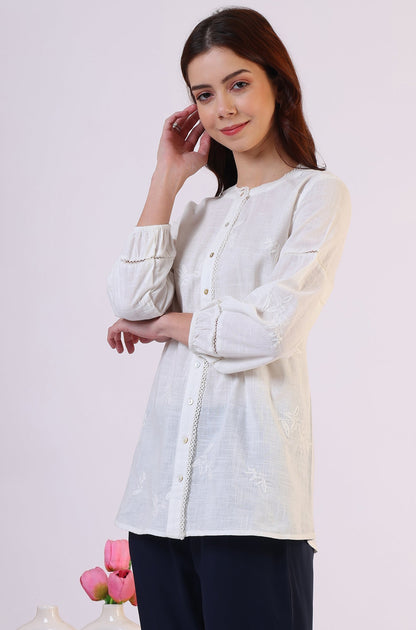 W for Woman White Embroidered Pure Cotton Button Down Shirt