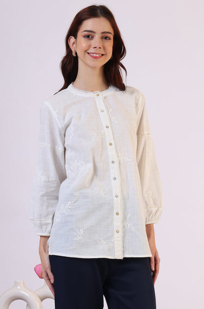 W for Woman White Embroidered Pure Cotton Button Down Shirt