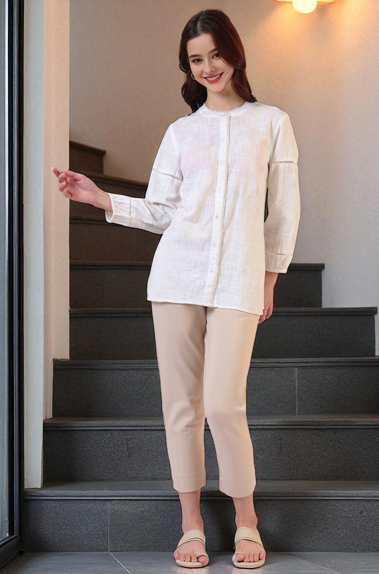 W for Woman White Pure Cotton Button Down Shirt With Tonal Embroidery