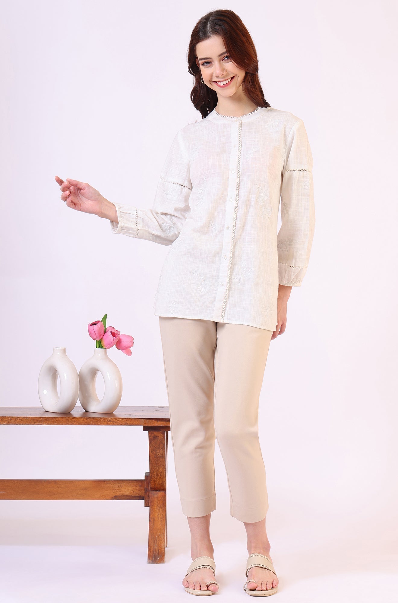 W for Woman White Pure Cotton Button Down Shirt With Tonal Embroidery