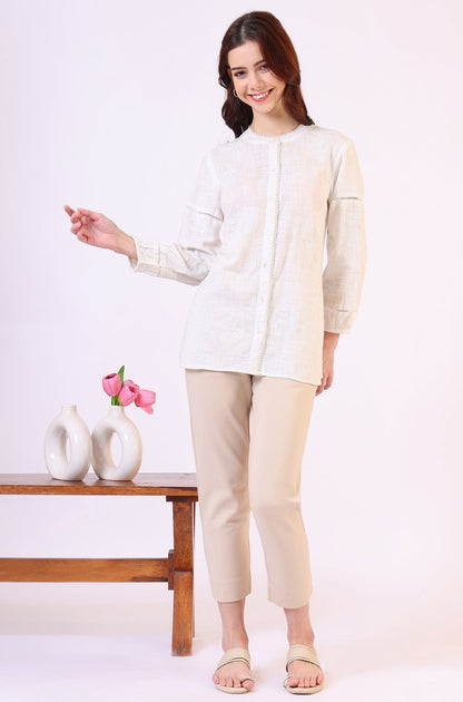 W for Woman White Pure Cotton Button Down Shirt With Tonal Embroidery