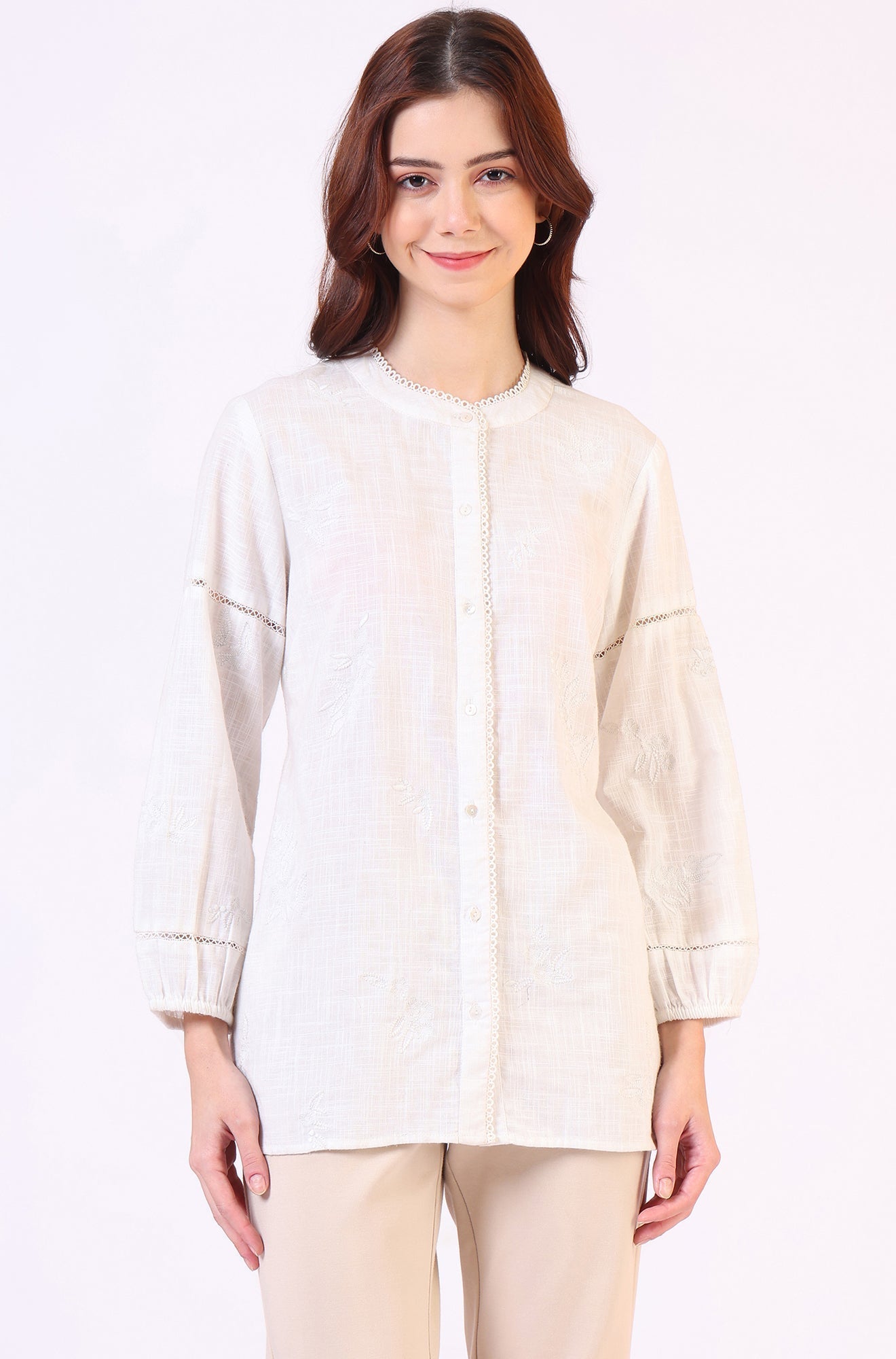W for Woman White Pure Cotton Button Down Shirt With Tonal Embroidery