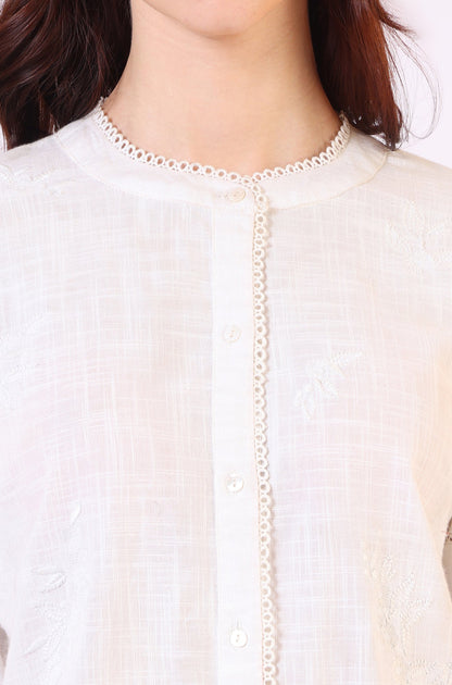 W for Woman White Pure Cotton Button Down Shirt With Tonal Embroidery