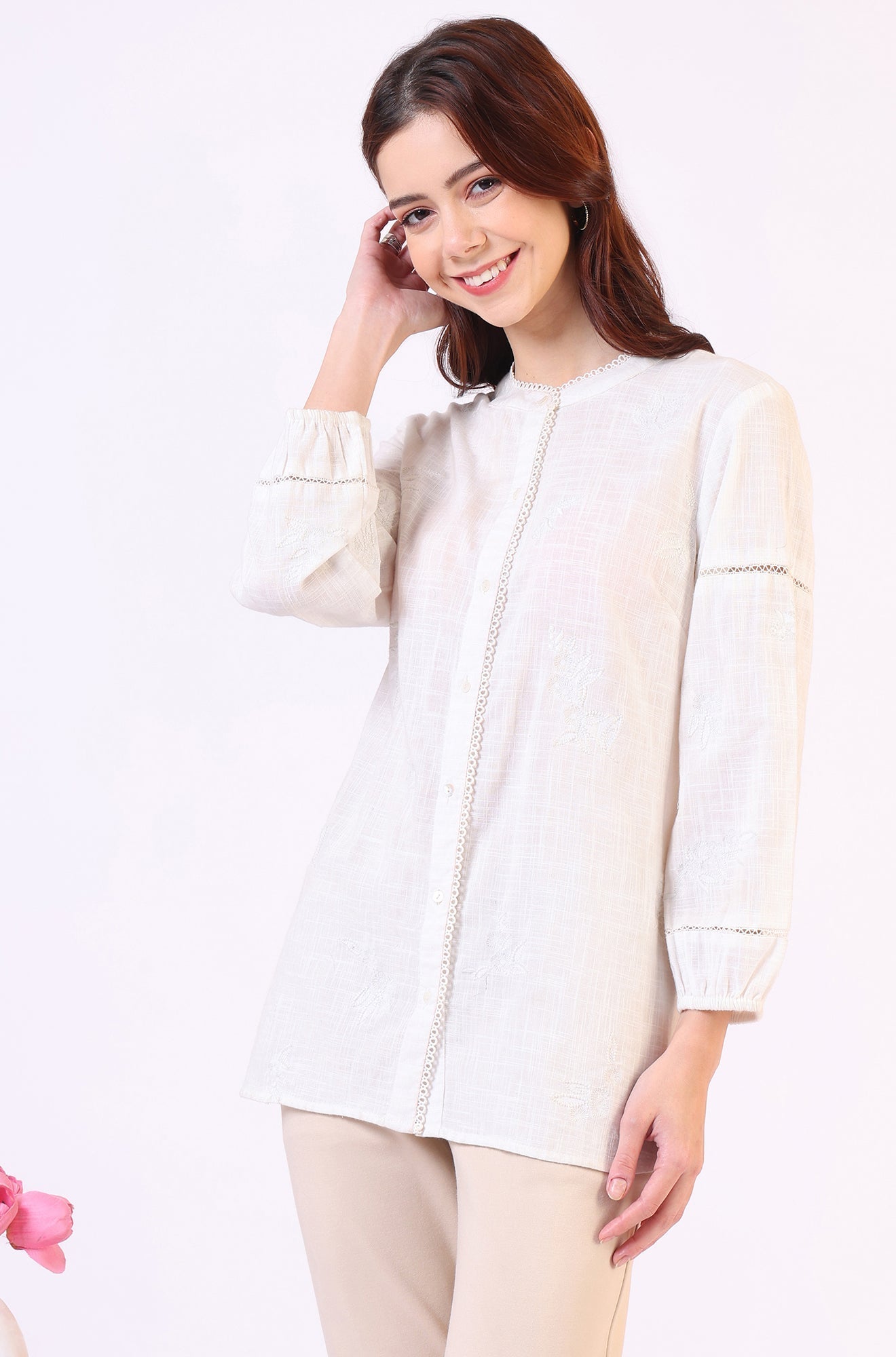 W for Woman White Pure Cotton Button Down Shirt With Tonal Embroidery