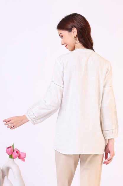 W for Woman White Pure Cotton Button Down Shirt With Tonal Embroidery