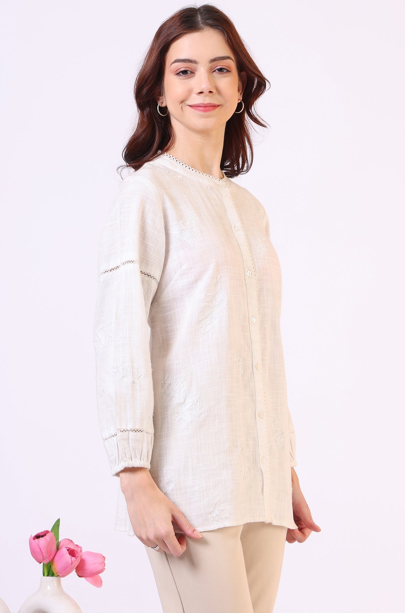 W for Woman White Pure Cotton Button Down Shirt With Tonal Embroidery