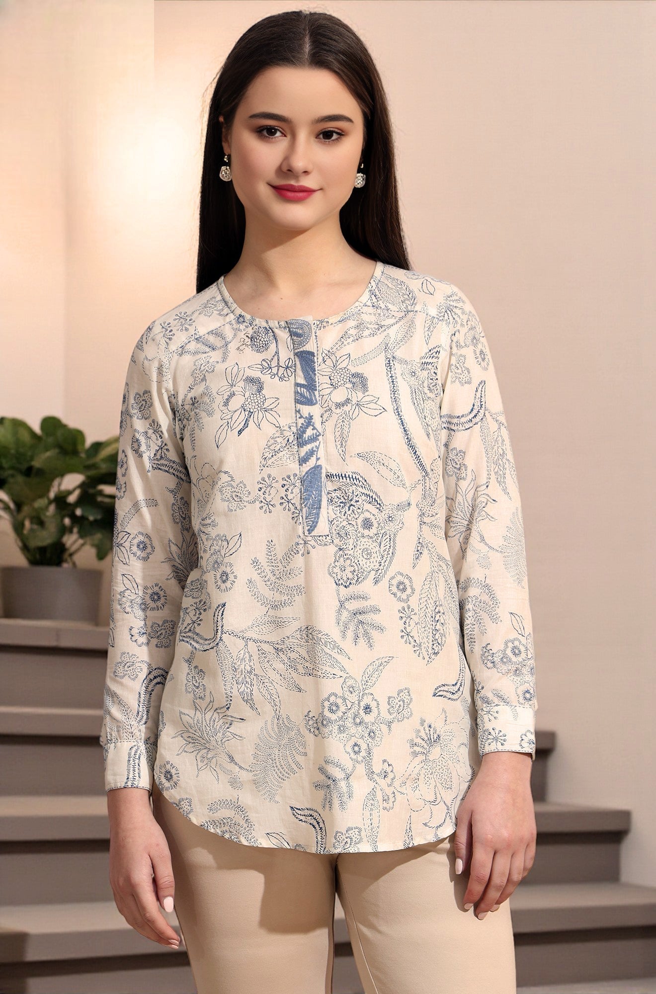 W for Woman White and blue printed top with thread embroidery