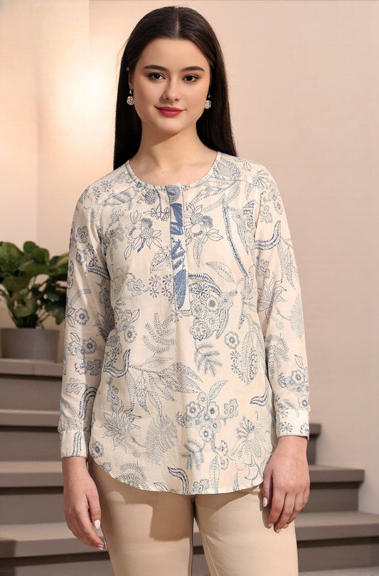 W for Woman White and blue printed top with thread embroidery