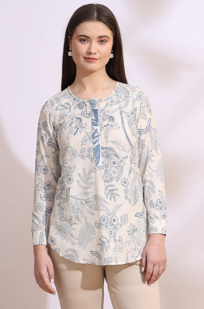 W for Woman White and blue printed top with thread embroidery