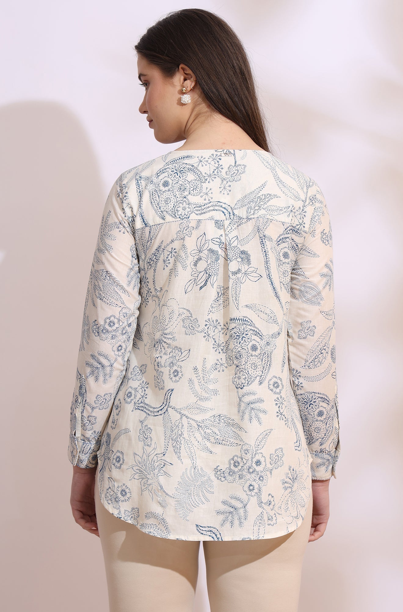 W for Woman White and blue printed top with thread embroidery