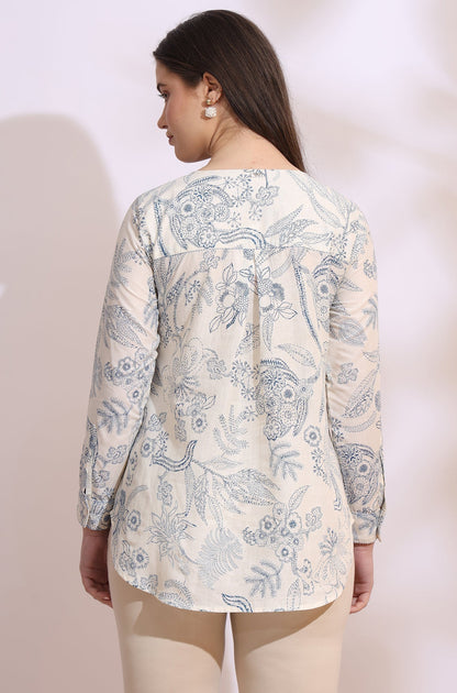 W for Woman White and blue printed top with thread embroidery