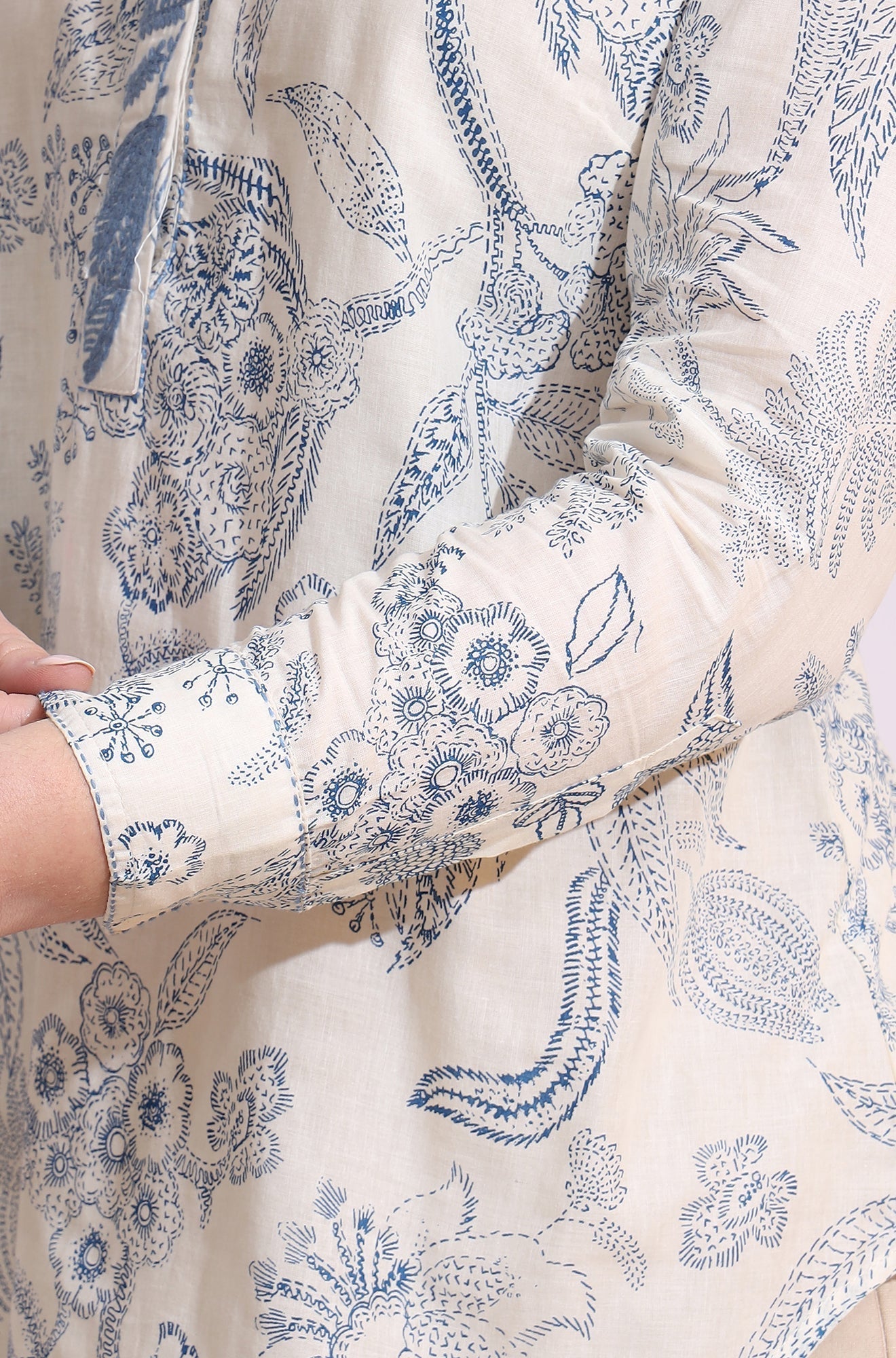 W for Woman White and blue printed top with thread embroidery