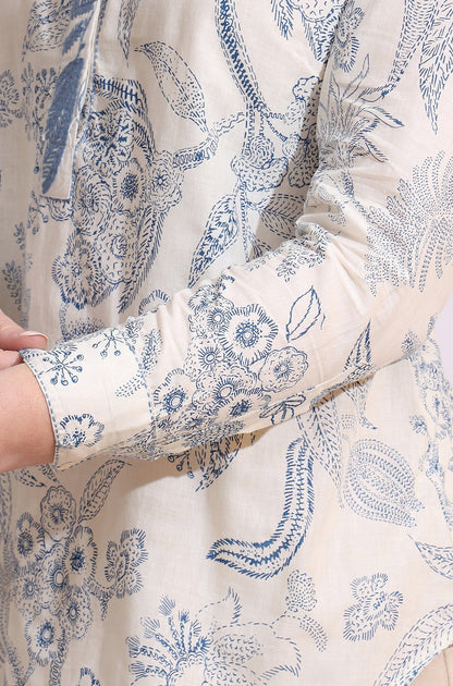 W for Woman White and blue printed top with thread embroidery