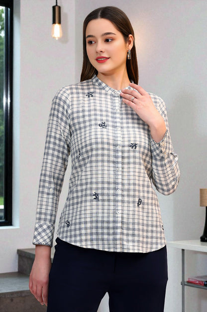 W for Woman Off-White and Blue Checker Thread Embroidered Cotton Flax Shirt