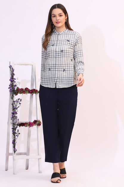 W for Woman Off-White and Blue Checker Thread Embroidered Cotton Flax Shirt