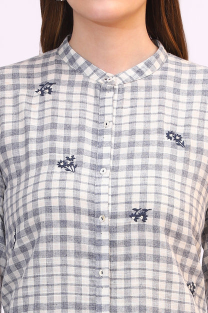 W for Woman Off-White and Blue Checker Thread Embroidered Cotton Flax Shirt
