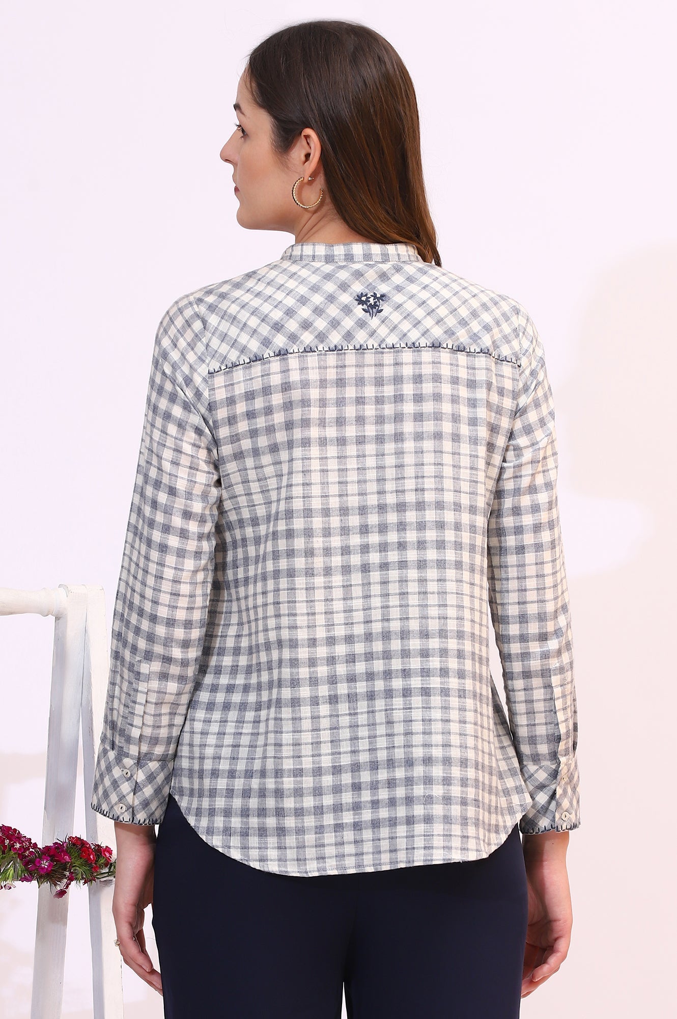 W for Woman Off-White and Blue Checker Thread Embroidered Cotton Flax Shirt