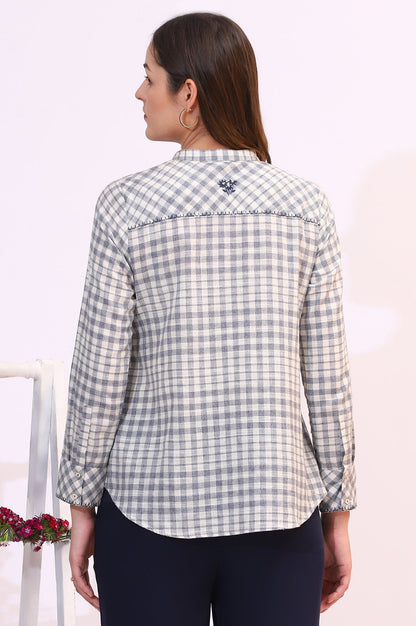 W for Woman Off-White and Blue Checker Thread Embroidered Cotton Flax Shirt