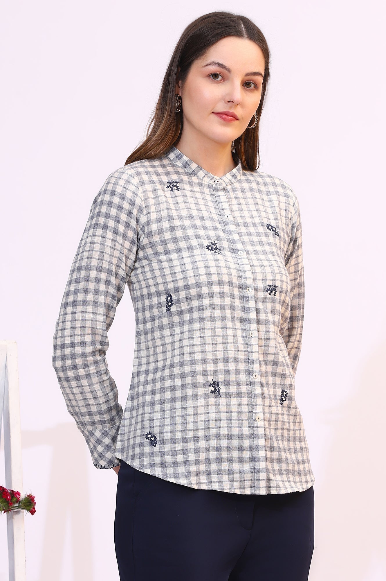 W for Woman Off-White and Blue Checker Thread Embroidered Cotton Flax Shirt